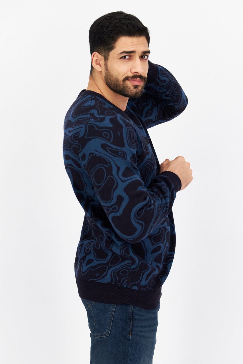 Men Crew Neck Abstract Knitted Sweater, Navy/Teal Blue