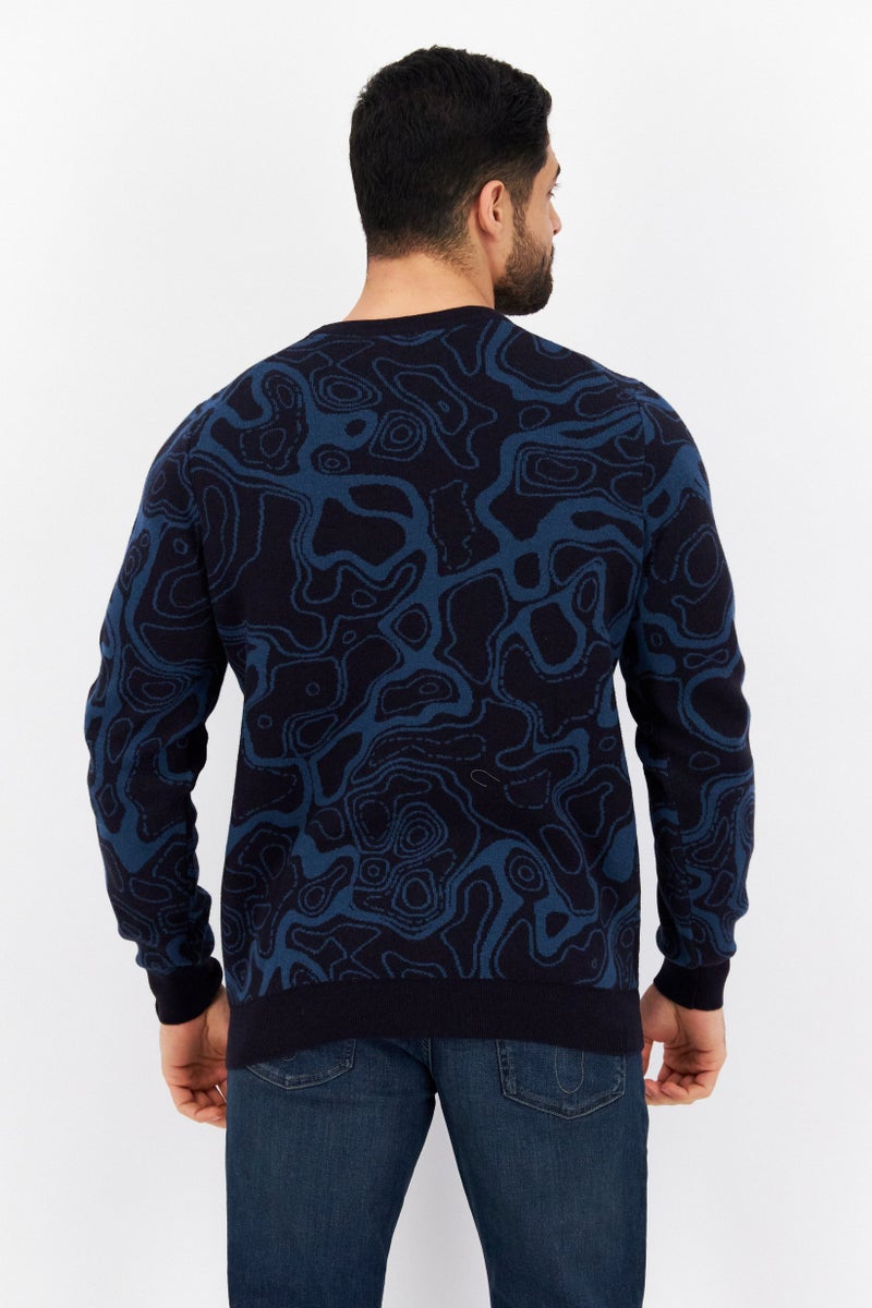 Men Crew Neck Abstract Knitted Sweater, Navy/Teal Blue