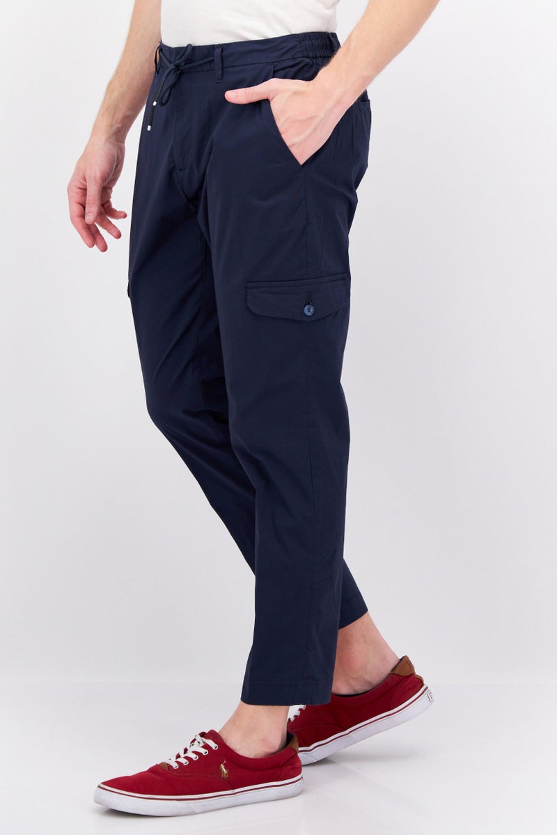 Men Regular Fit Solid Stretchable Cargo Pants, Navy