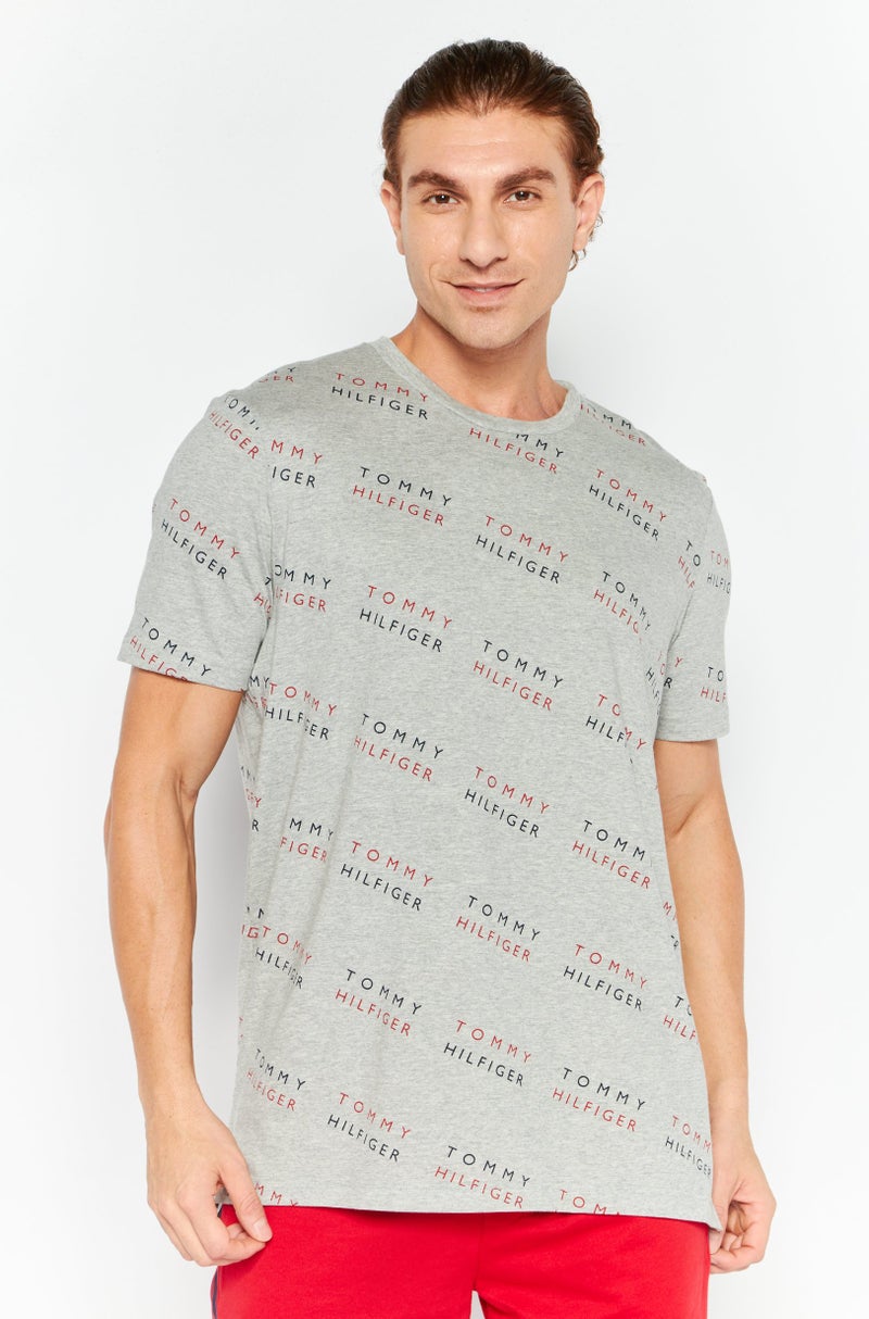 Men Brand Logo Short Sleeve Pajama Top, Grey Combo