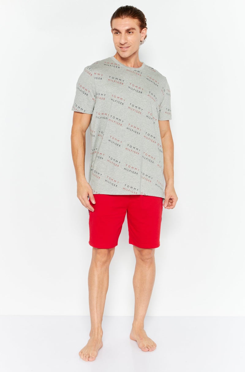 Men Brand Logo Short Sleeve Pajama Top, Grey Combo