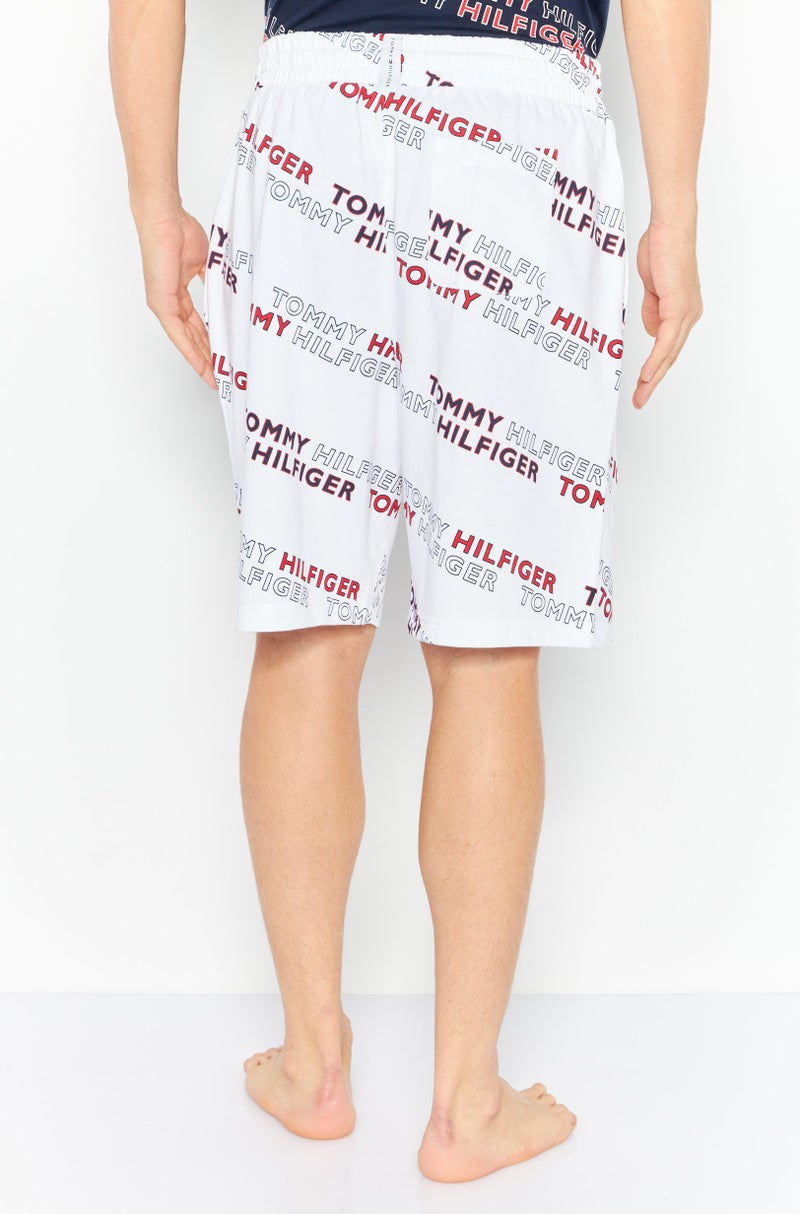 Men Brand Logo Drawstring Pajama Bottom, White Combo