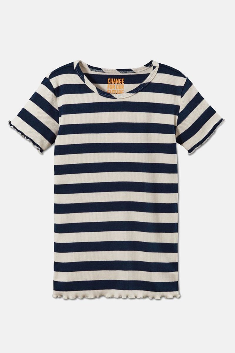 Kid Girl 2 Pcs Short Sleeve Rib Top, Navy and Orange
