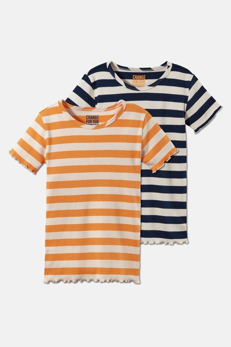 Kid Girl 2 Pcs Short Sleeve Rib Top, Navy and Orange