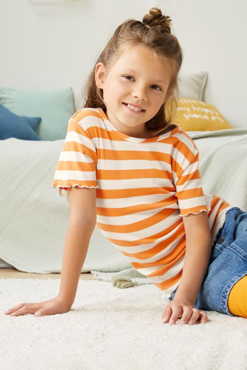 Kid Girl 2 Pcs Short Sleeve Rib Top, Navy and Orange