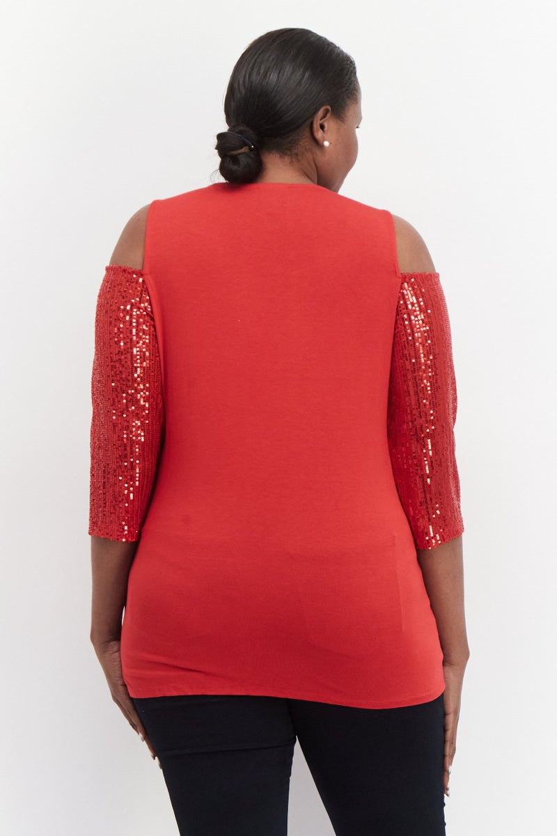 Women Plus Size Round Neck 3/4 Sleeve Textured Blouse, Red