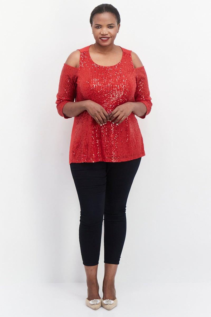 Women Plus Size Round Neck 3/4 Sleeve Textured Blouse, Red