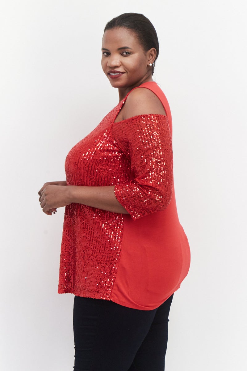 Women Plus Size Round Neck 3/4 Sleeve Textured Blouse, Red