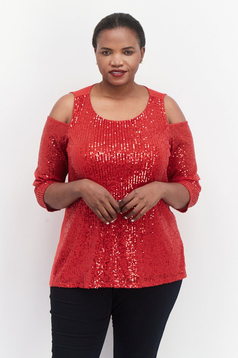 Women Plus Size Round Neck 3/4 Sleeve Textured Blouse, Red