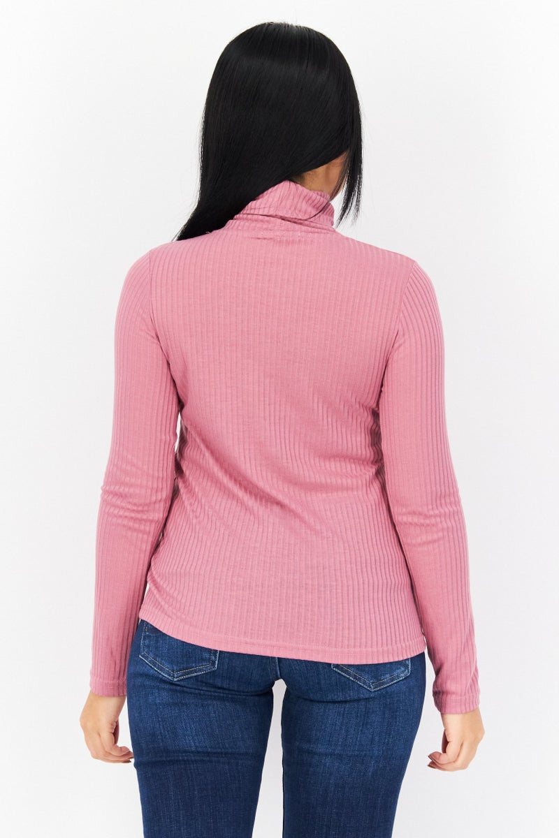 Women Turtle Neck Long Sleeve Ribbed Top, Berry