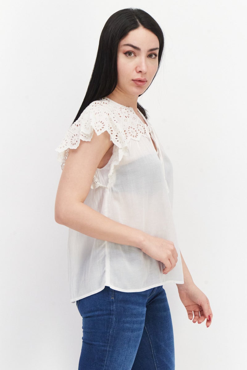 Women V-Neck Sleeveless Embroidered Blouse, Off White