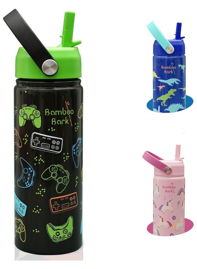 Bamboo Bark Insulated Water Bottle for Kids 500 ml / 17 oz - Kids Water Bottle with Straw & Handle - BPA Free Stainless Steel Water Bottle - Toddler & Kids Water Bottle for School - Black Neon Gamer