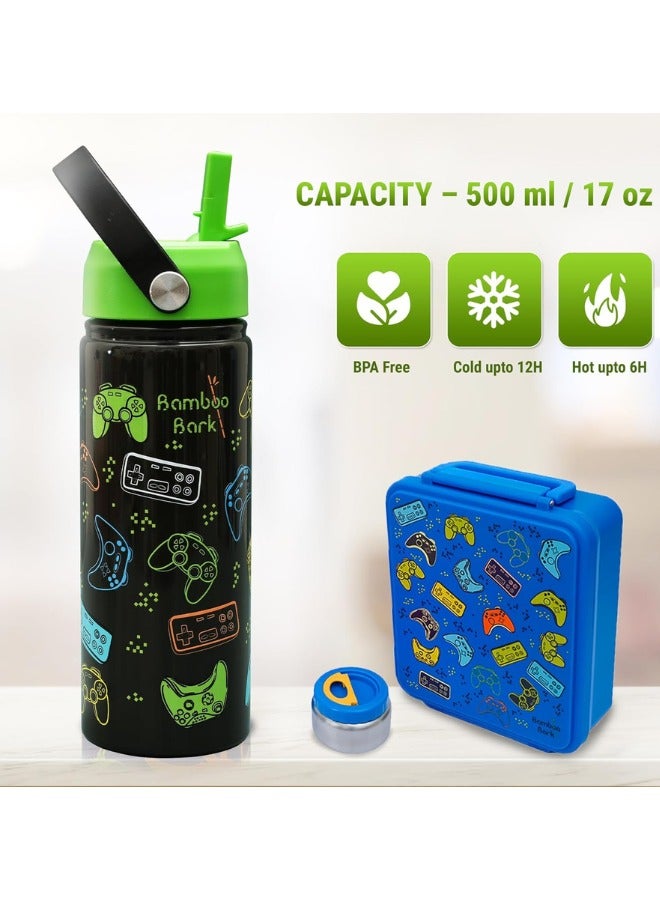 Bamboo Bark Insulated Water Bottle for Kids 500 ml / 17 oz - Kids Water Bottle with Straw & Handle - BPA Free Stainless Steel Water Bottle - Toddler & Kids Water Bottle for School - Black Neon Gamer