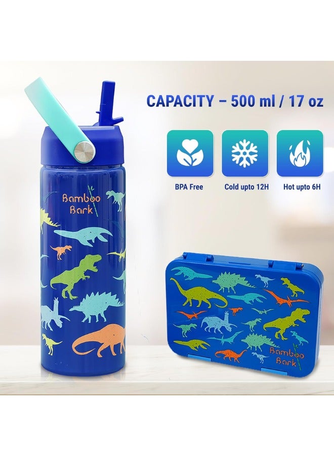 Bamboo Bark Insulated Water Bottle for Kids 500 ml / 17 oz - Kids Water Bottle with Straw & Handle - BPA Free Stainless Steel Water Bottle - Toddler & Kids Water Bottle for School - Blue Dino