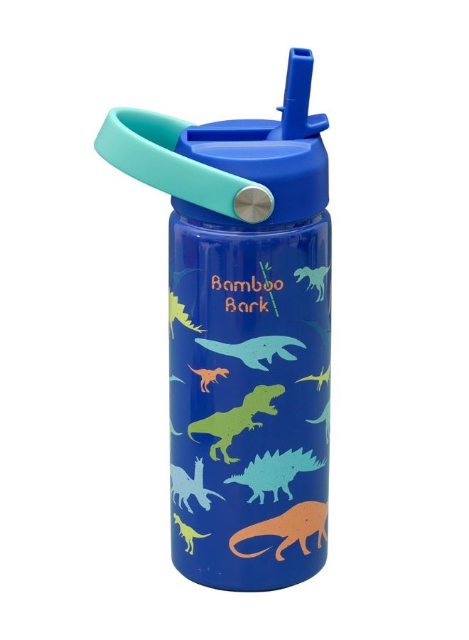 Bamboo Bark Insulated Water Bottle for Kids 500 ml / 17 oz - Kids Water Bottle with Straw & Handle - BPA Free Stainless Steel Water Bottle - Toddler & Kids Water Bottle for School - Blue Dino