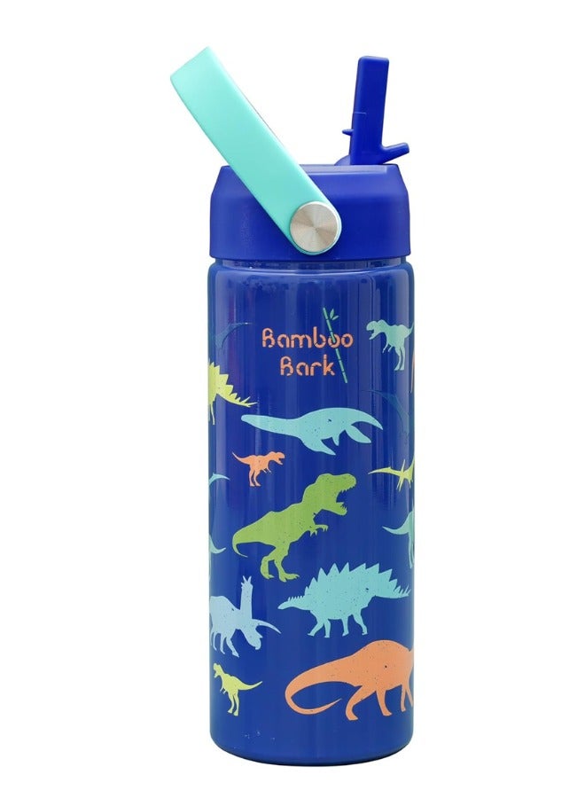 Bamboo Bark Insulated Water Bottle for Kids 500 ml / 17 oz - Kids Water Bottle with Straw & Handle - BPA Free Stainless Steel Water Bottle - Toddler & Kids Water Bottle for School - Blue Dino