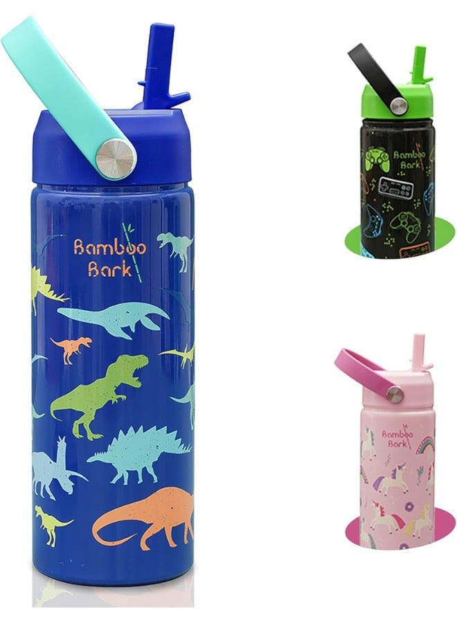 Bamboo Bark Insulated Water Bottle for Kids 500 ml / 17 oz - Kids Water Bottle with Straw & Handle - BPA Free Stainless Steel Water Bottle - Toddler & Kids Water Bottle for School - Blue Dino