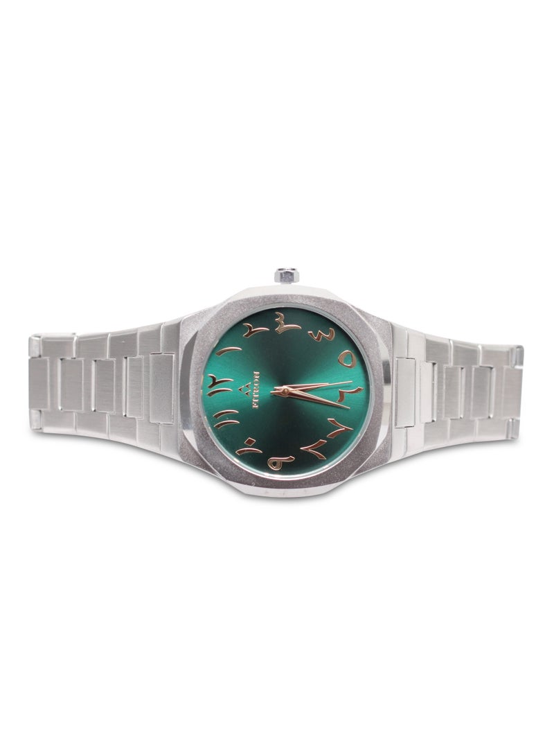 Men’s Silver Wrist Watch with Green Dial and Gold Colour Arabic Numbers
