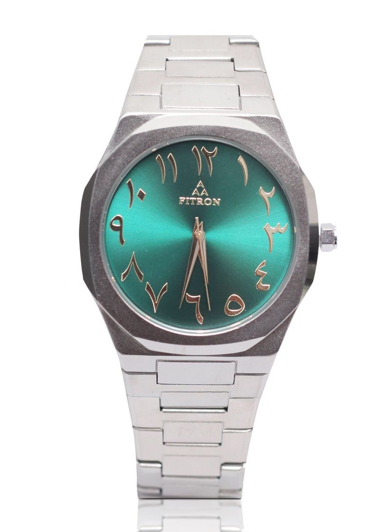 Men’s Silver Wrist Watch with Green Dial and Gold Colour Arabic Numbers