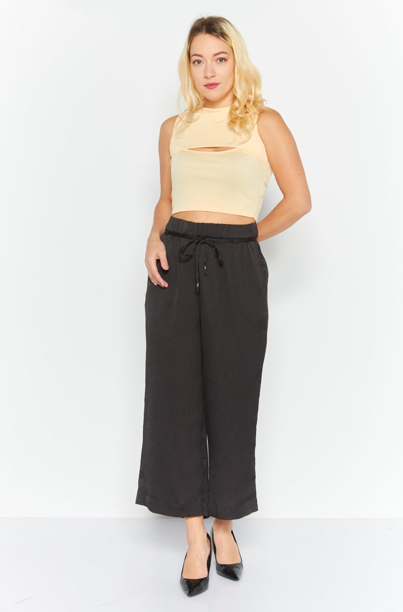 Women Wide Leg Satin Palazzo Pants, Black