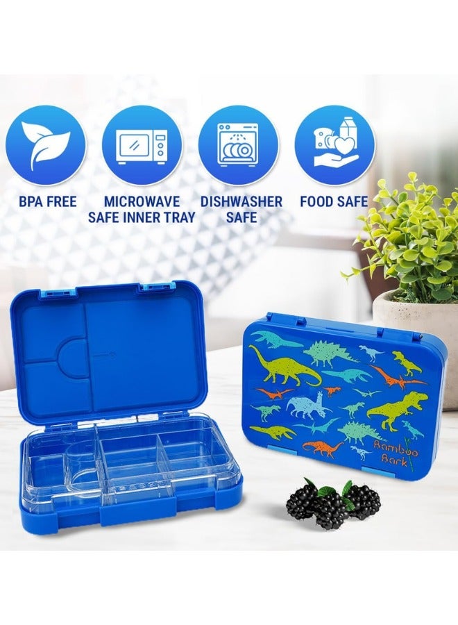 Bamboo Bark Bento Lunch Box for Kids with Compartments - Snack Box Convertible from 4 to 6 Compartments - Dishwasher Safe & BPA Free - Blue Animals