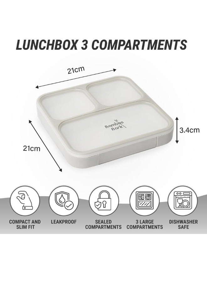 Bamboo Bark Bento Lunch Box for Kids & Adults - Snack Box with 3 Compartments & Slim Design - Dishwasher Safe & BPA Free - Grey