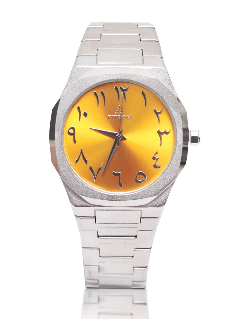 Men's Silver Wrist Watch Yellow Dial with Arabic Numbers