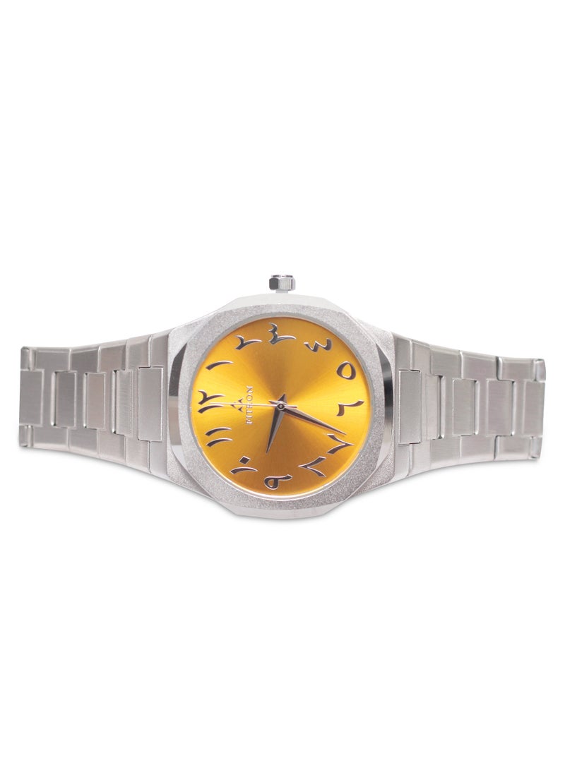 Men's Silver Wrist Watch Yellow Dial with Arabic Numbers