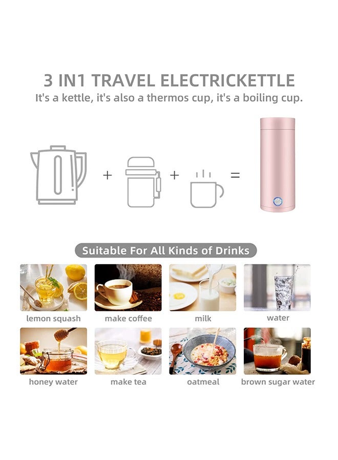 Portable Electric Kettle 400ml Travel Tea Kettle with Non stick Coating Double Wall Water Boiler Bottle Insulated Coffee Thermos Mug Fast Boil and Auto Shut Off Hot Water Heater (Pink)