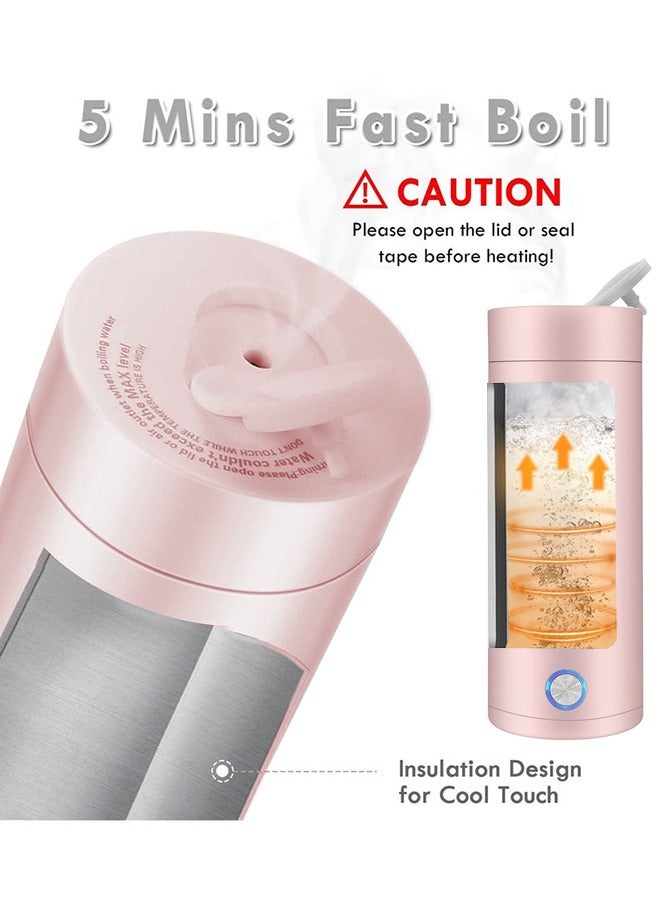 Portable Electric Kettle 400ml Travel Tea Kettle with Non stick Coating Double Wall Water Boiler Bottle Insulated Coffee Thermos Mug Fast Boil and Auto Shut Off Hot Water Heater (Pink)