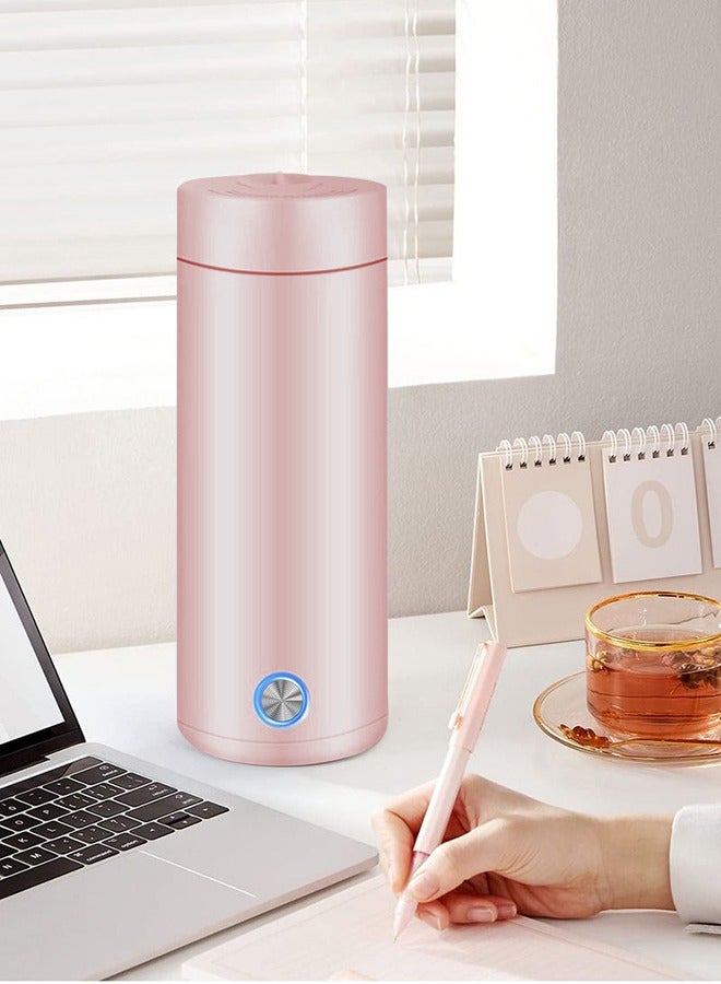 Portable Electric Kettle 400ml Travel Tea Kettle with Non stick Coating Double Wall Water Boiler Bottle Insulated Coffee Thermos Mug Fast Boil and Auto Shut Off Hot Water Heater (Pink)