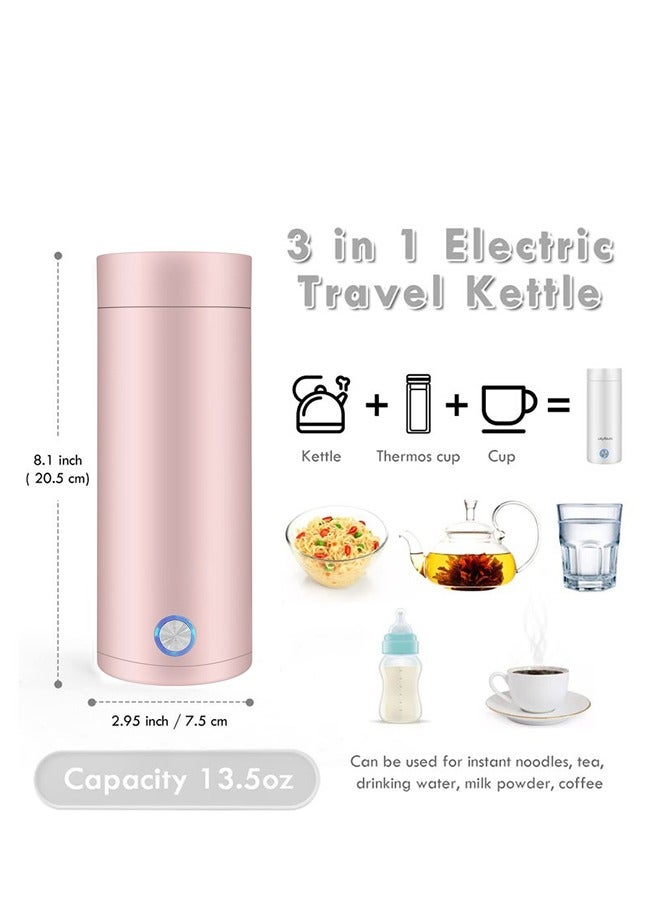 Portable Electric Kettle 400ml Travel Tea Kettle with Non stick Coating Double Wall Water Boiler Bottle Insulated Coffee Thermos Mug Fast Boil and Auto Shut Off Hot Water Heater (Pink)