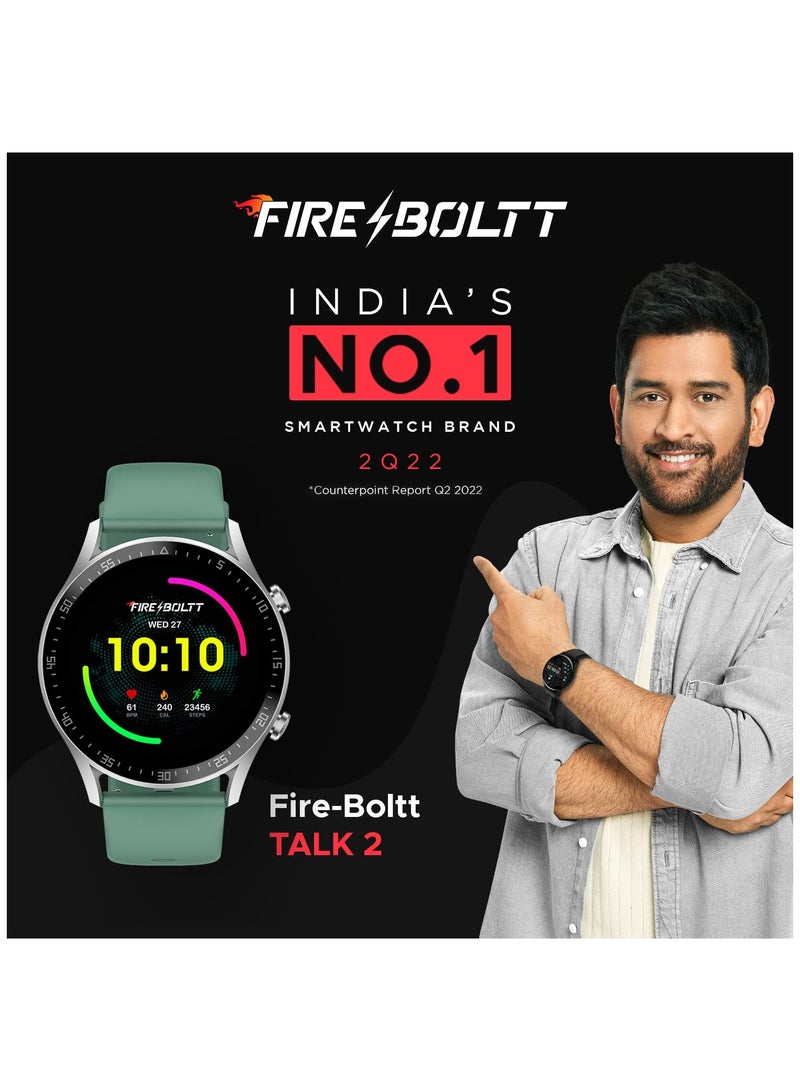 Fire-Boltt Talk 2 Bluetooth Calling Smartwatch with Dual Button, Hands On Voice Assistance, 120 Sports Modes, in Built Mic & Speaker with IP68 Rating (Silver Green)