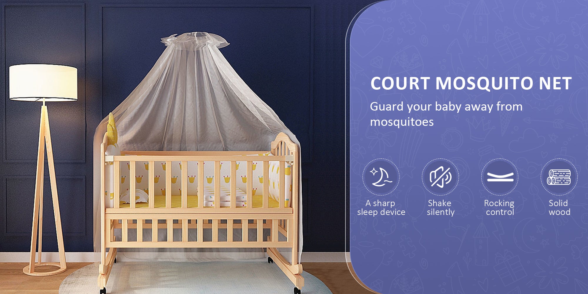 Multifunctional Baby Crib Infant Bassinet Portable Wooden Baby Cot with Wheels and Mosquito Net