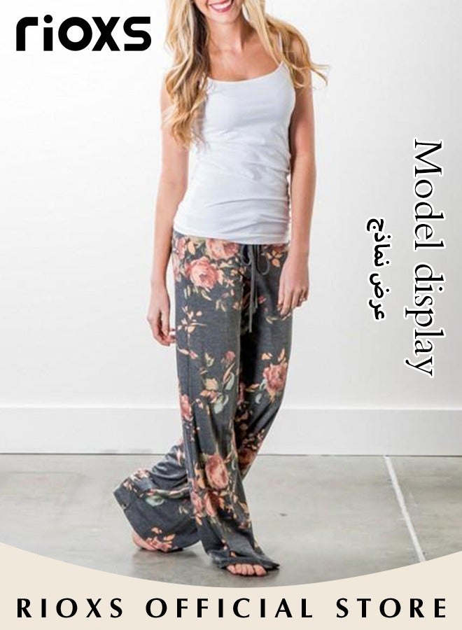 Women's Casual Pants Stretch Floral Print Drawstring Trousers High Waisted Wide Leg Lounge Pants With Pockets