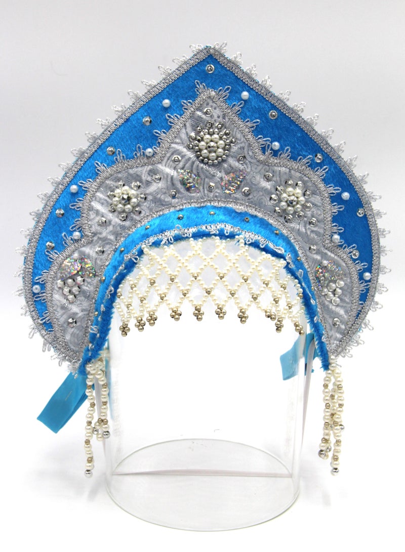 D' Daniela - Women's Traditional Headdress Kokoshnik - Blue with Silver