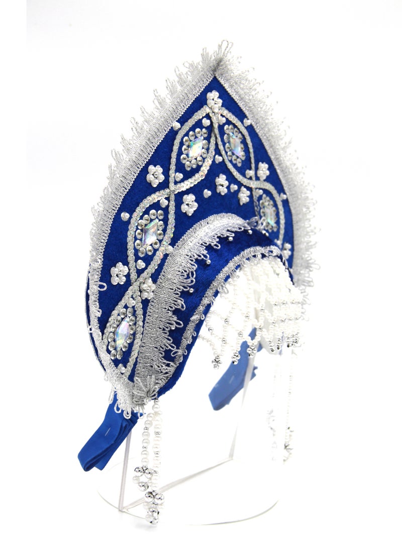 D' Daniela - Women's Traditional Headdress Kokoshnik -Dark Blue and Silver with Stone Beads