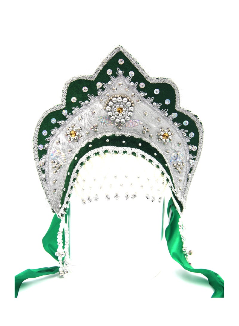 D' Daniela - Women's Traditional Headdress Kokoshnik - Green and White with Silver Stones