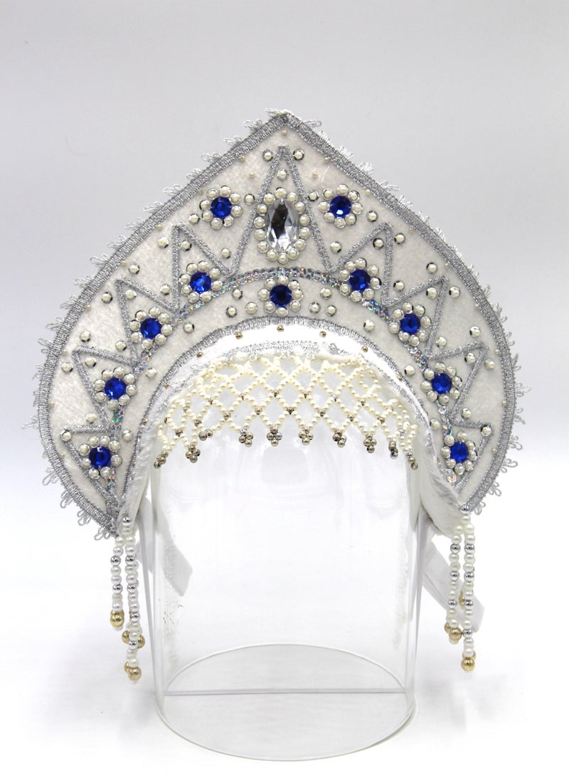 D' Daniela - Women's Traditional Headdress Kokoshnik - White with Blue and White Stones