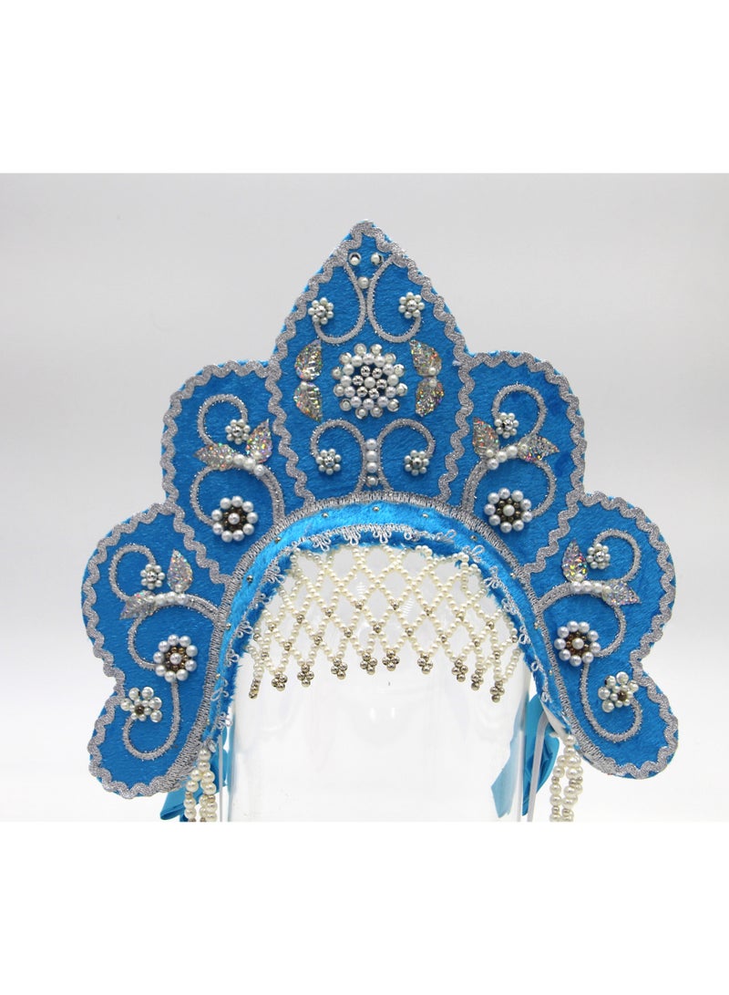 D' Daniela - Women's Traditional Headdress Kokoshnik - Blue Flower Crest Shaped with Silver Beads