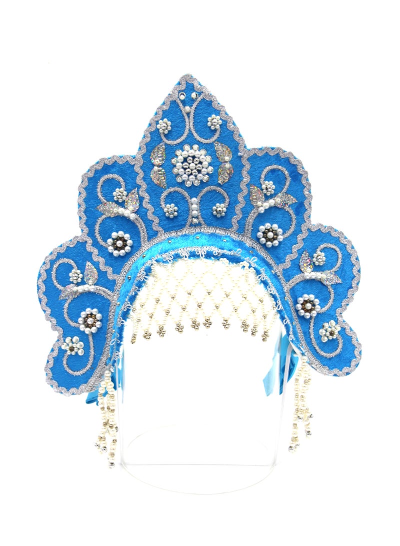 D' Daniela - Women's Traditional Headdress Kokoshnik - Blue Flower Crest Shaped with Silver Beads