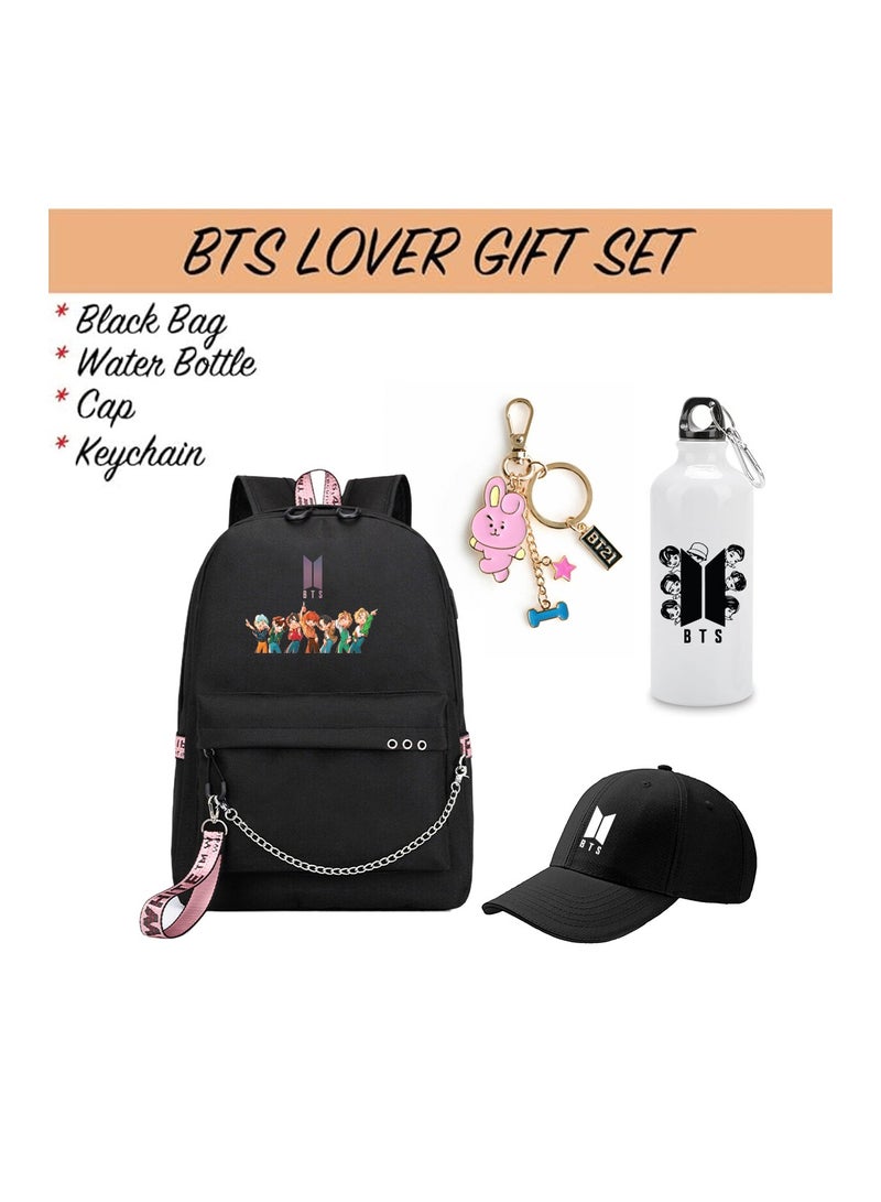 BTS 4in1 Combo - Backpack - Cap - Keychain and Water Flask for True BTS Fans and Merchandise Gifts - Casual Shoulder Bag Travel with USB Charging Port For Girls