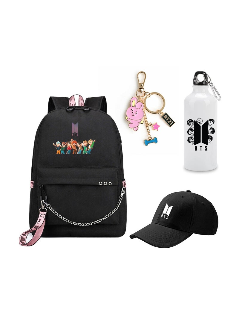 BTS 4in1 Combo - Backpack - Cap - Keychain and Water Flask for True BTS Fans and Merchandise Gifts - Casual Shoulder Bag Travel with USB Charging Port For Girls