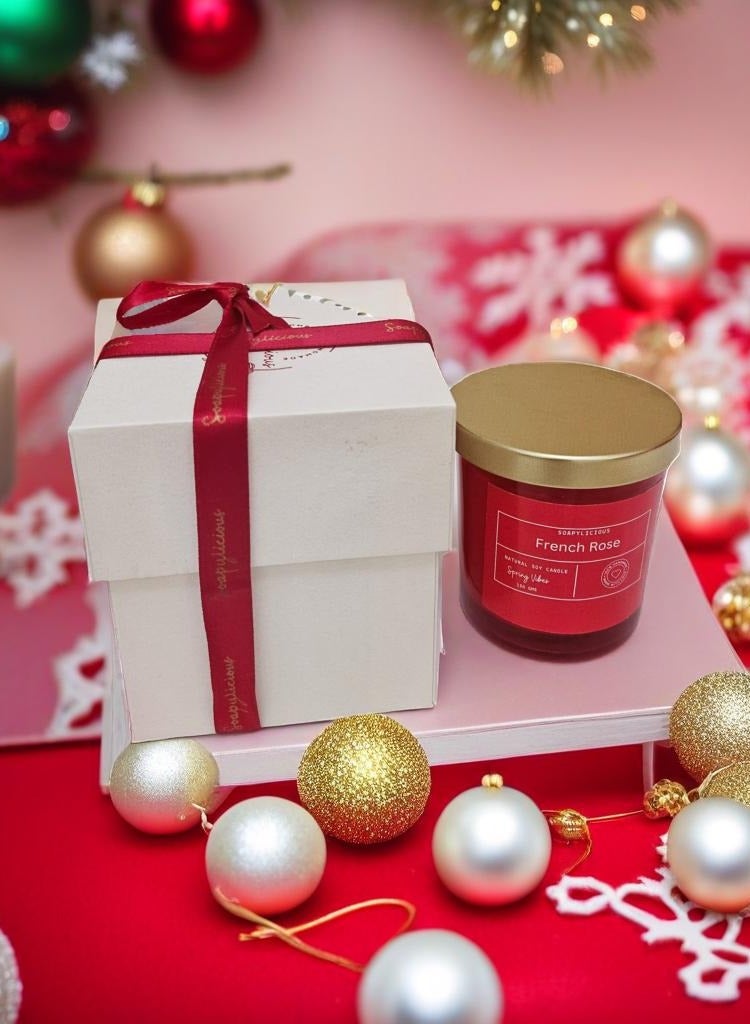 Soy Wax Candle – French Rose Aroma, 220g in Premium Gift-Ready Box | Handmade, Natural, Vegan for Home & Office