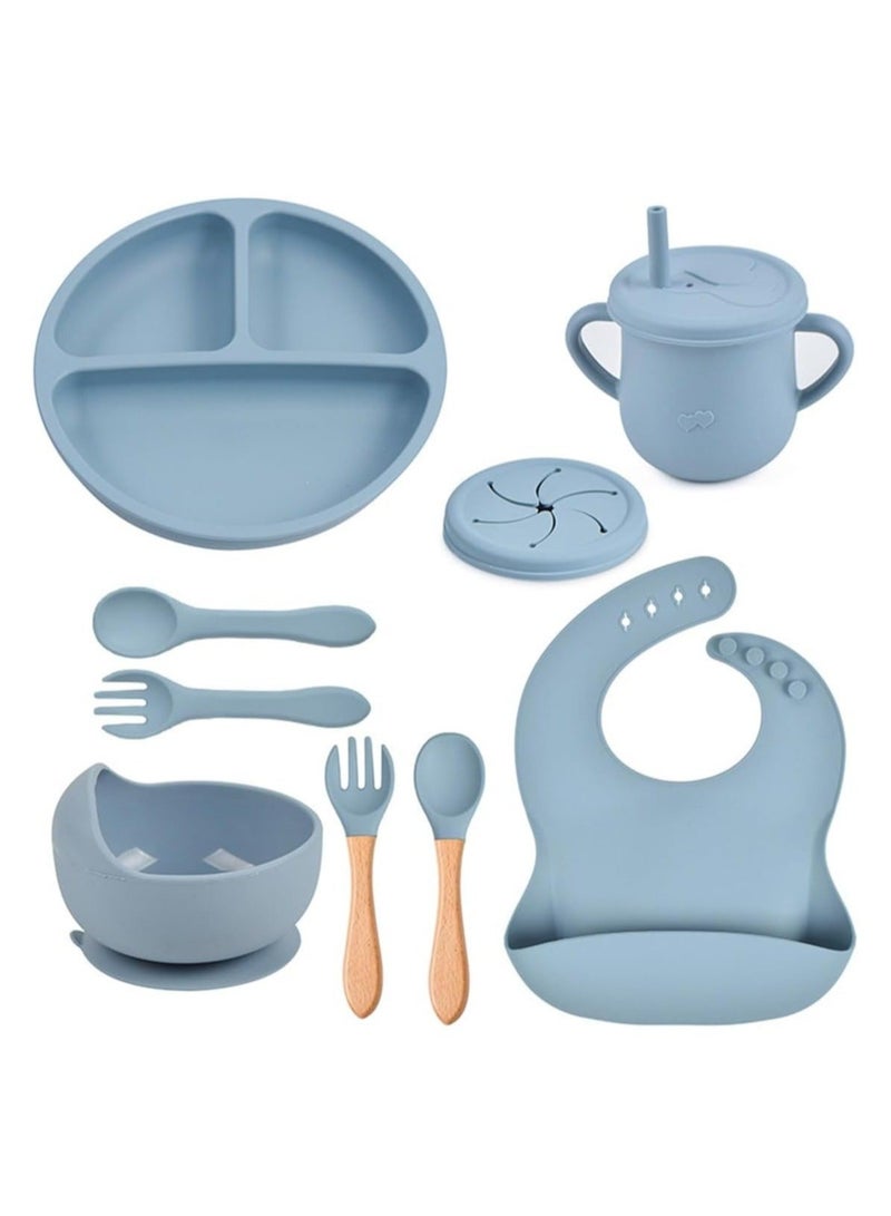 8 Pack Baby Feeding Set, Silicone Infant Dinnerware Suction Set, BPA Free Baby Tableware Set with Adjustable Soft Silicone Bib and utensils, for Baby Toddler (Blue)