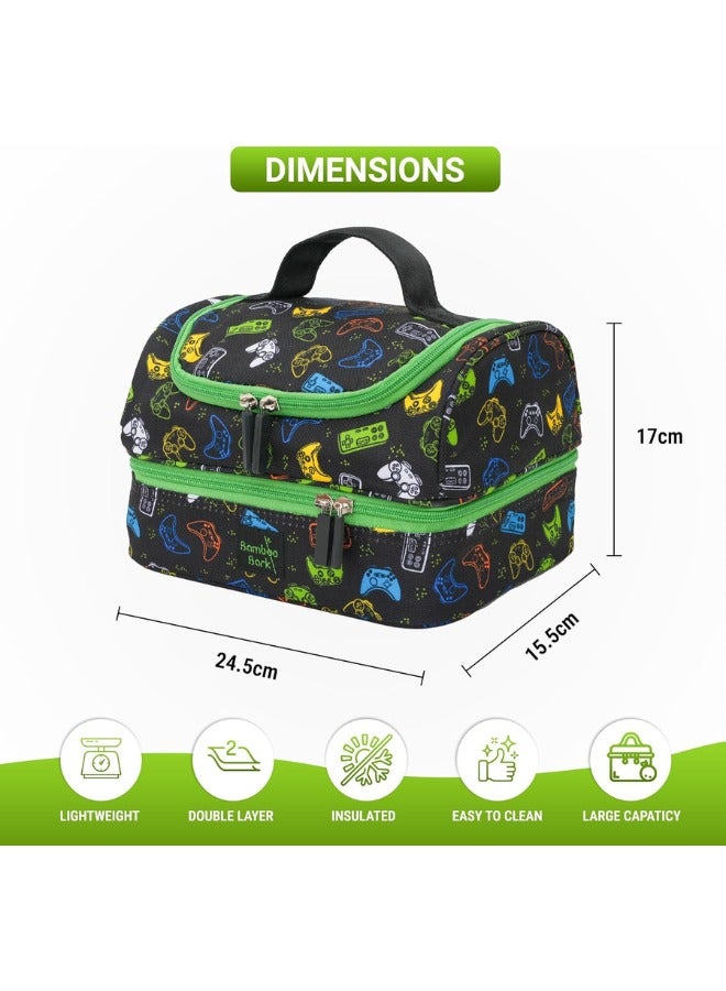 Bamboo Bark Insulated Lunch Bag for Kids - 100%  High Quality Polyester - Double Insulated Lunch Tote with Top Handle & Extra Storage for School, Work, Picnics - 2 Compartments