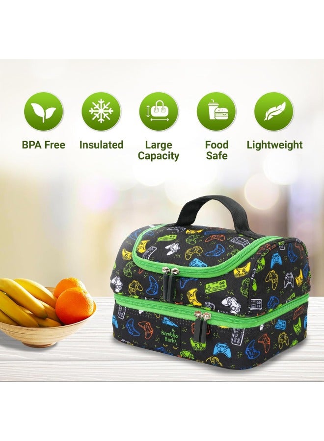 Bamboo Bark Insulated Lunch Bag for Kids - 100%  High Quality Polyester - Double Insulated Lunch Tote with Top Handle & Extra Storage for School, Work, Picnics - 2 Compartments