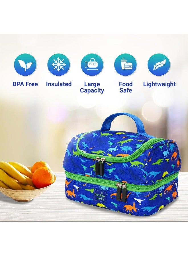 Bamboo Bark Insulated Lunch Bag for Kids - 100%  High Quality Polyester - Double Insulated Lunch Tote with Top Handle & Extra Storage for School, Work, Picnics - 2 Compartments