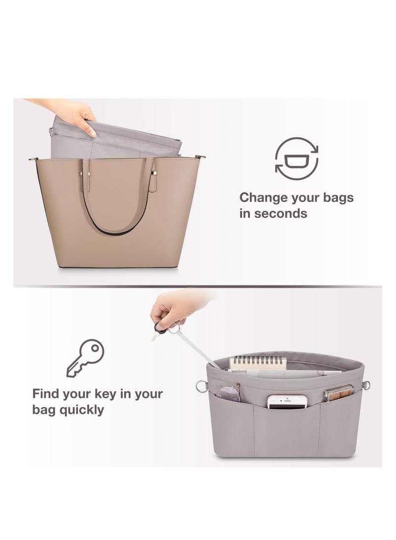 Handbag Organiser Nylon Bag Organiser Insert for Tote Bag Waterproof Multi Pocket Handbag Inserts Bag Divider Cosmetic Bag Portable Organizer Bag Inner Bag for Women Grey M