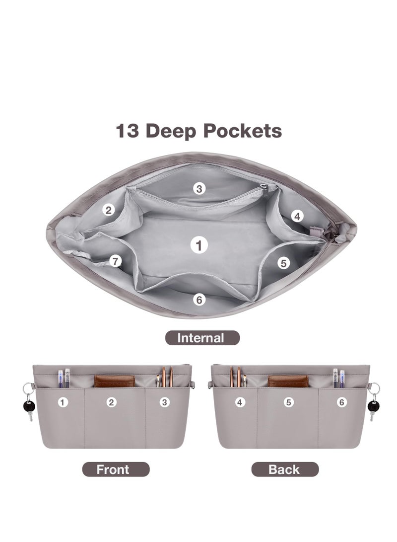 Handbag Organiser Nylon Bag Organiser Insert for Tote Bag Waterproof Multi Pocket Handbag Inserts Bag Divider Cosmetic Bag Portable Organizer Bag Inner Bag for Women Grey M